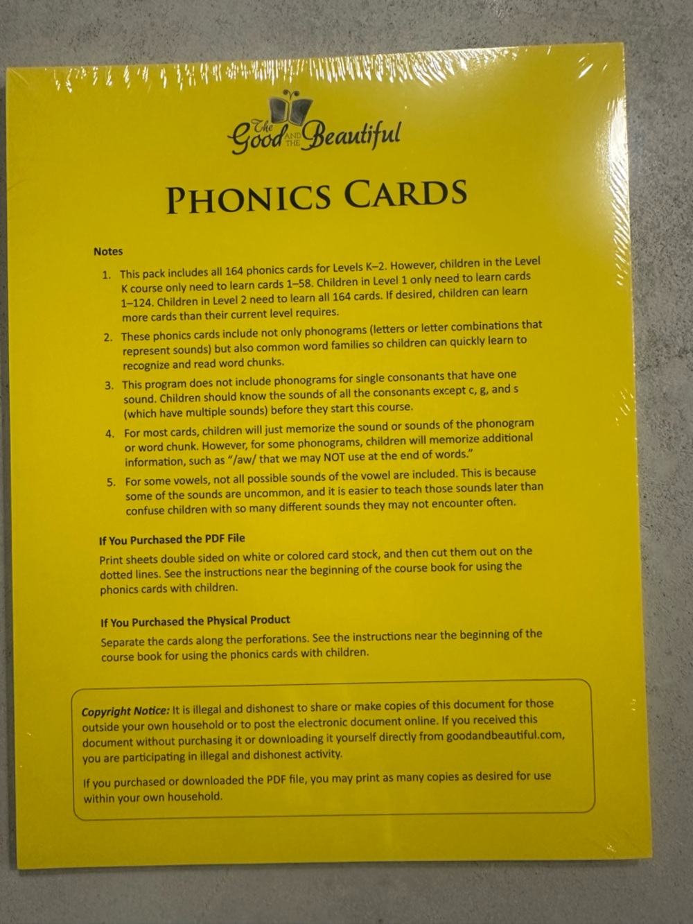Good and Beautiful Yellow Phonics Cards for Kids